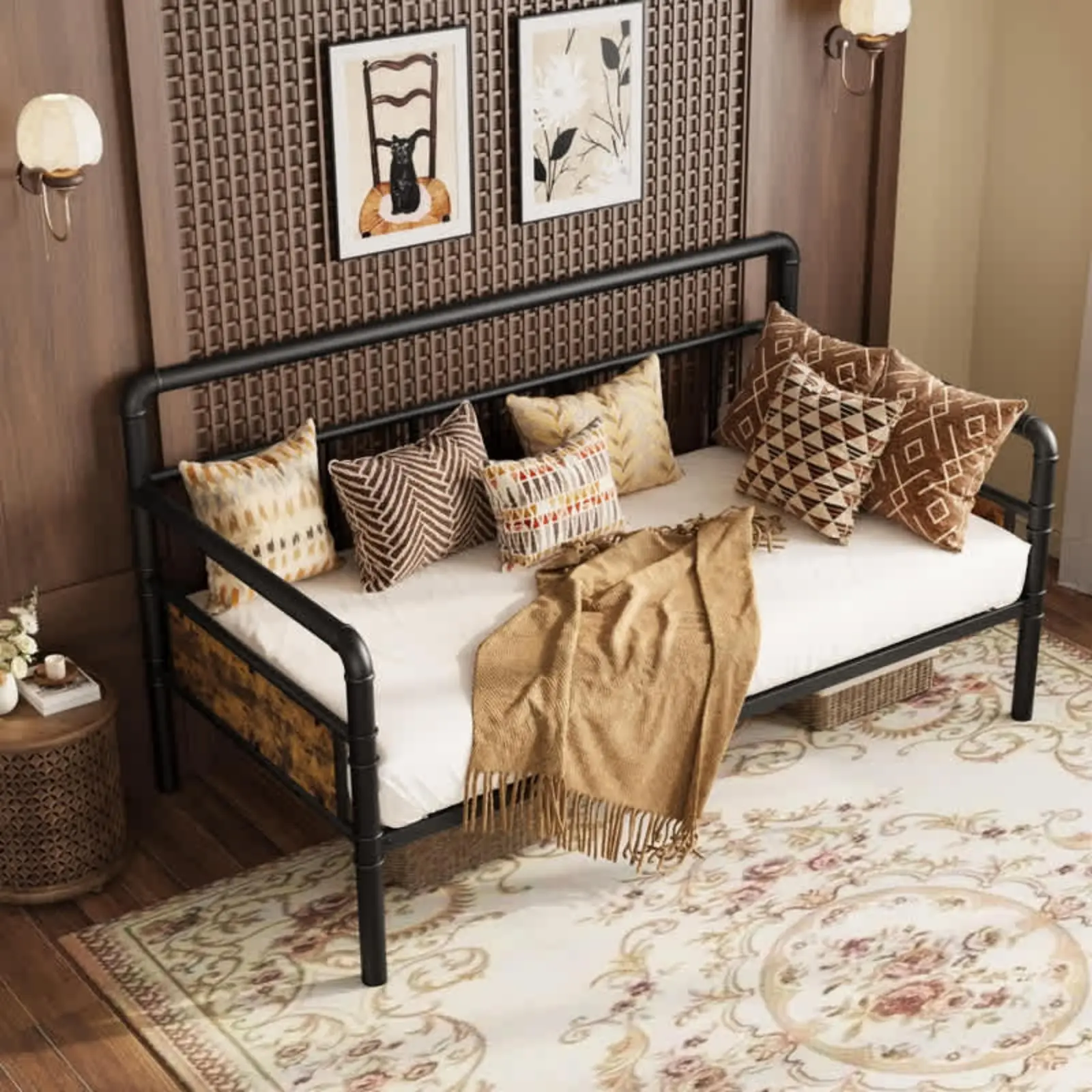 Gaomon Twin Black Metal Frame Daybed with Trundle - Pull Out Bed, Sturdy Heavy-Duty Platform Sofa Bed, Strong Slat Support, Easy Setup, Wood Grain, User-Friendly Instructions, Furniture for Bedroom