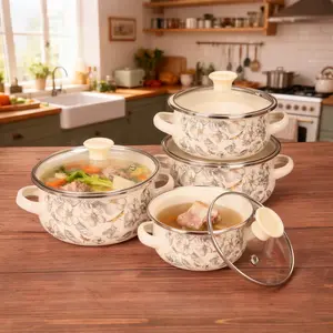 3pcs Christmas Holiday Lightweight Portable Multifunctional Enamel Flower Pattern Stockpot Soup Pot Set, Cookware, Cooking Pot, Stew Pot, Handmade Kitchen Utensils