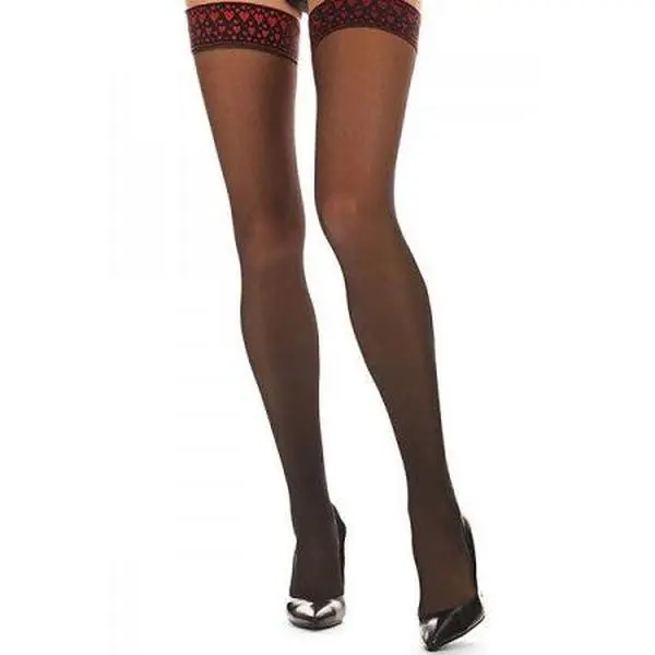 Women's 20 Denier Silky Sheer Thigh High Stockings - Embroidered Heart Pattern, Heart Knit Back Seam, Comfortable Stay Up Band, Elegant Leg Style Lingerie