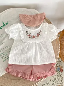 Summer Style Embroidered Puff Sleeve Button Top with Ruffled Shorts for Baby Girls, Casual 2-Piece Set, Outfit, Baby Clothing