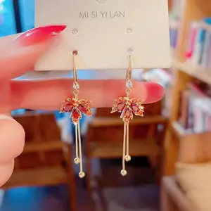 LisiZen Red Maple Leaf Earrings for Women 2026 New Trendy Ear Hooks High-Quality Silver Needle Retro Unique Simple Light Luxury Earrings DZEH1481