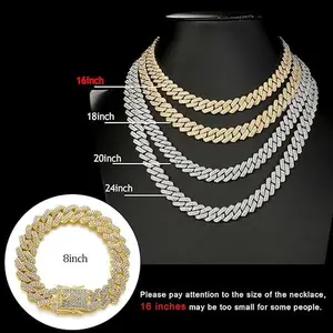 2 Pieces Cuban Link Chain Mens Iced Out Miami Cuban Necklace and Bracelet Silver Bling Diamond Hip Hop Jewelry for Men and Women