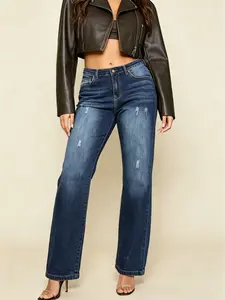 women's versatile mid wasit denim muliti-pocket denim trousers for women Straight Bottom Minimalist classic women's pants stretch wide leg jeans daily urban fashion wear womenswear simple style  Straight Bottom Minimalist