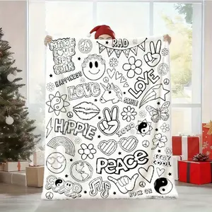 Hippie Peace Coloring Book Style Blanket, Soft Flannel Throw Blanket with Black White Groovy Love Smile Flower Print, Cozy Gift for Teens Girls Women and Hippie Lovers, Fun Retro Room Decor for Bed Couch Sofa Dorm, Lightweight Warm Blanket for Movie Night