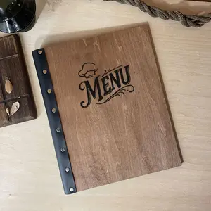 1pc A4 Wooden Carved Logo Menu Cover, Restaurant Loose Leaf Ring Binder Wood Menu Book, Durable & Stylish Design, Ideal for Dining Establishments