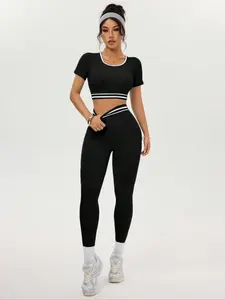 Women's Two-Piece Set, Colorblock Ribbed Round Neck Sporty Short Sleeve, High Waist Butt Lifting Yoga Tight Pants, Casual Fitness Fashion