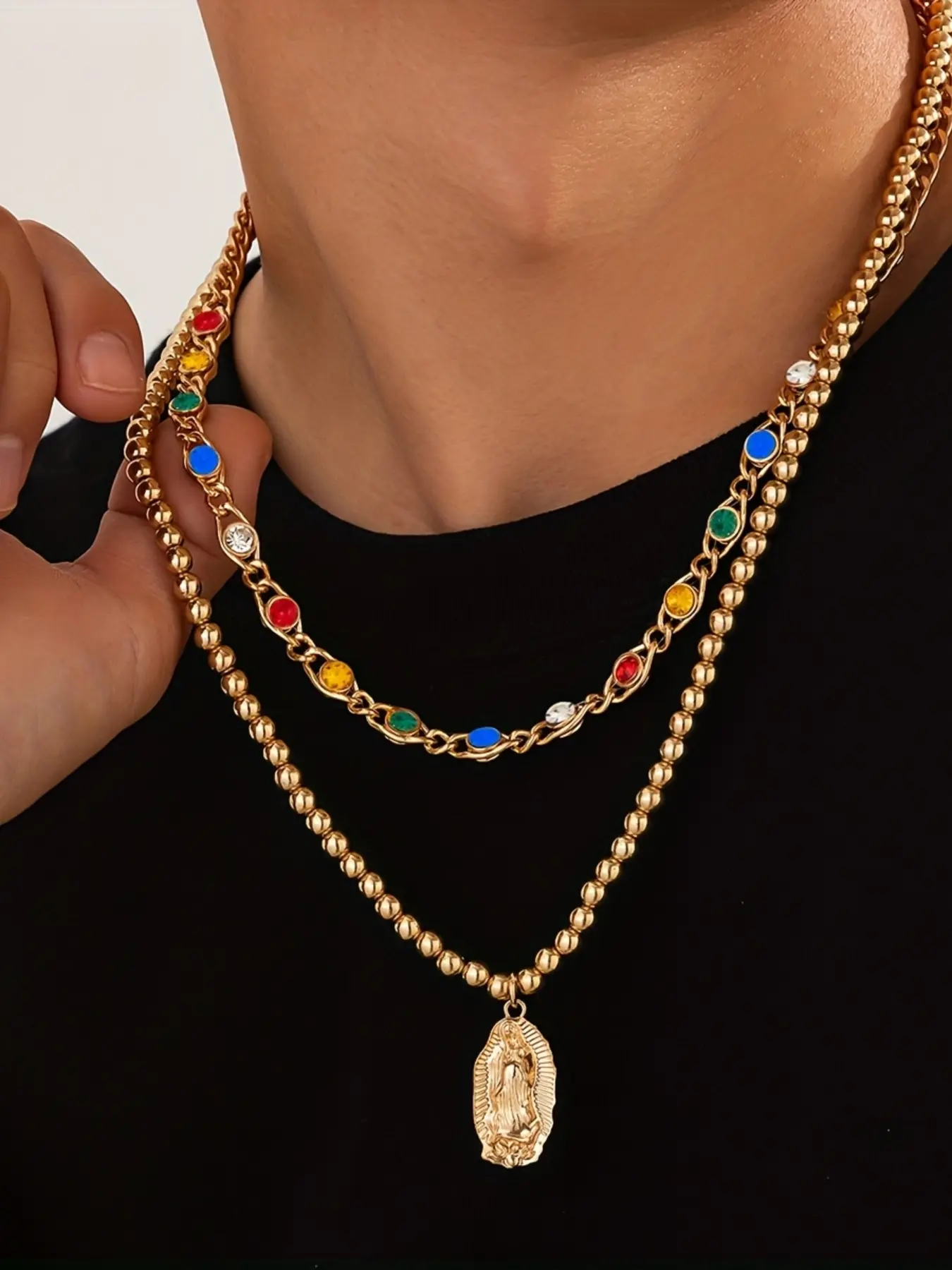 Men's Adjustable Exquisite Trendy Pendant Necklace Stack Set, Necklaces Set, Multi-Color Crystal Beads, Party Style Jewelry Gift, All Season Wear