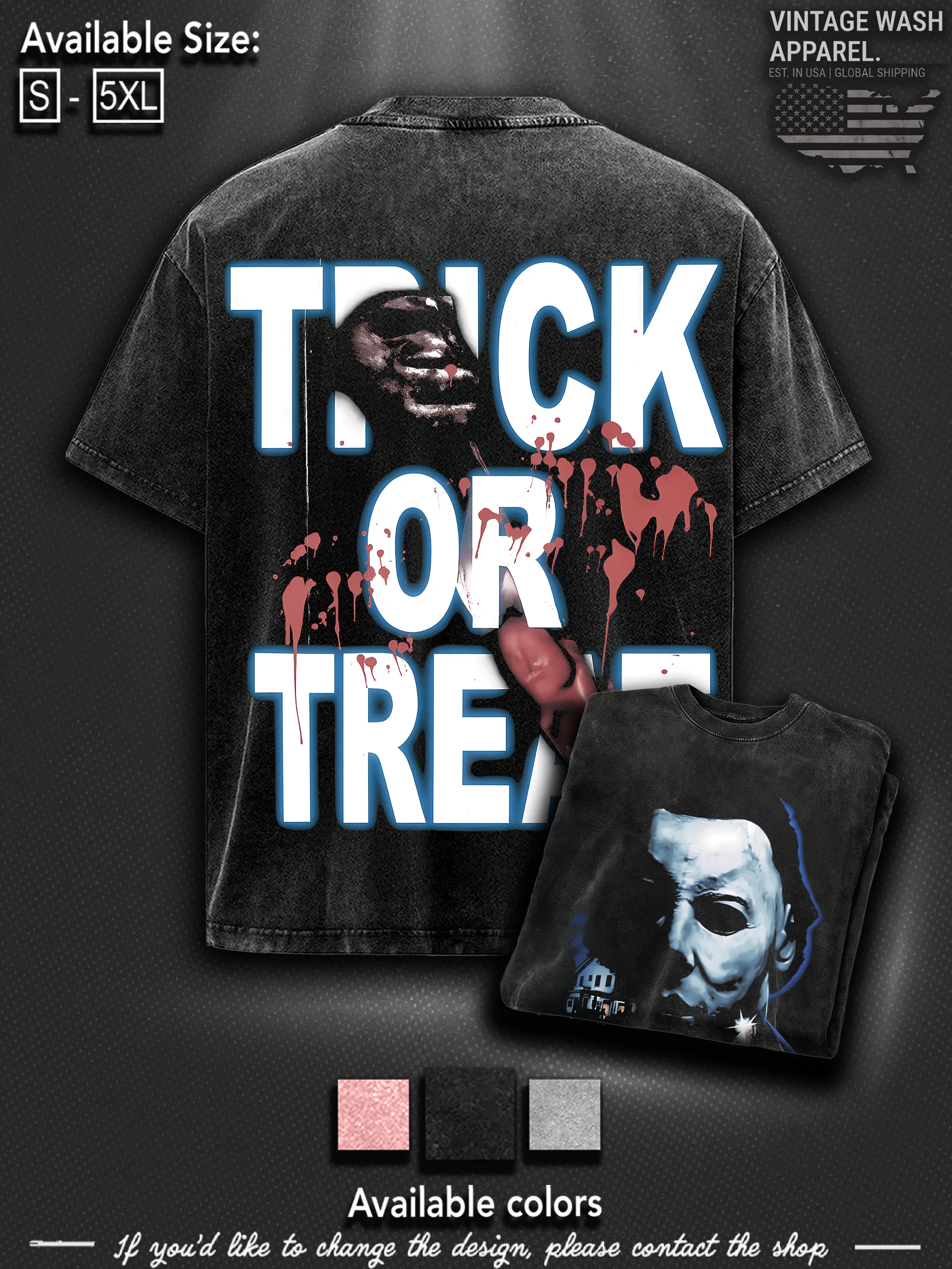 Trick Or Treat - Halloween Horror Night Tee Shirt – Washed Cotton Menswear Top Smooth Streetwear Prints for Man, Casual Classic Movie Style Movie Lover