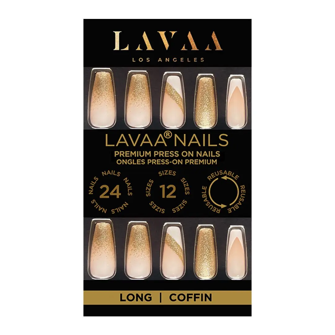 GLAM GODDESS Long Coffin Press On Nails - Nude Base with Gold & White Design