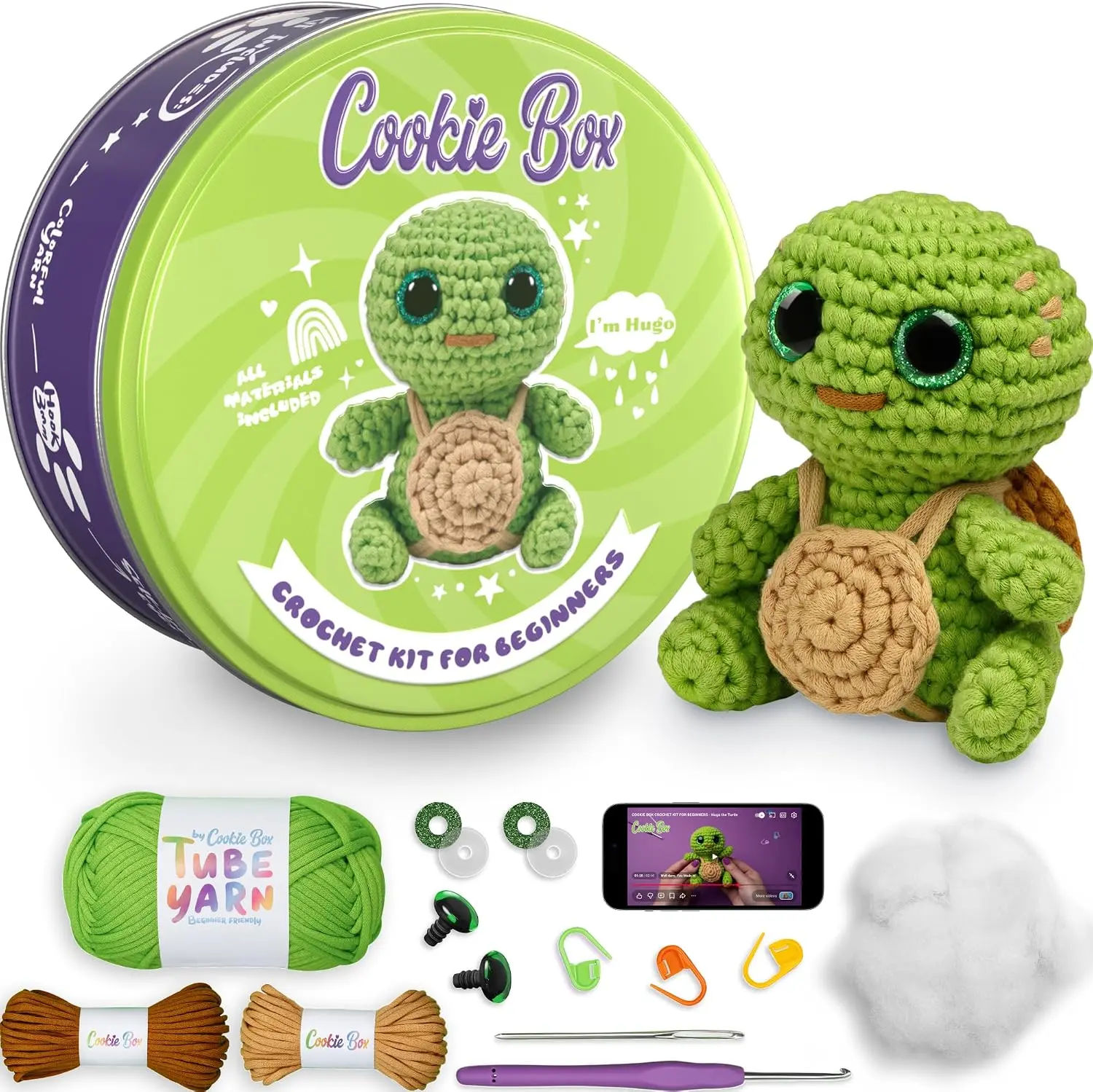 Original Crochet Kit for Beginners – Gift Set to Make Turtle Hugo Amigurumi Plushie – Easy DIY Crochet & Knitting Starter Kit with Video and PDF Tutorials