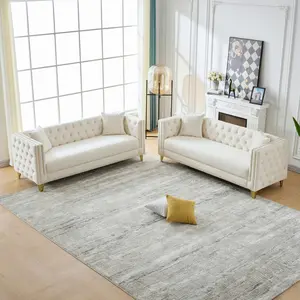 2 Piece Chesterfield Sofa Couch Sets, Velvet 3+3 Seater Sofa Set with Throw Pillows, Modern Sofa with Button Nailhead,Square Arm Couches,Furniture for Living Room,Bedroom,Office (Beige)