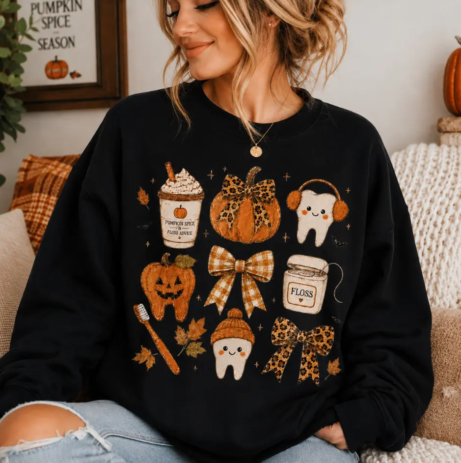 Fall Dental Sweatshirt, Pumpkin Spice & Floss Graphic Crewneck, Funny Halloween Dental Hygienist Gift