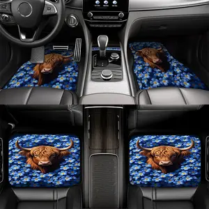 Four-piece Highland Cow pattern car floor mat, designed for hatchbacks or minivans, easy to clean, suitable as a gift for relatives and friends, and compatible with off-road vehicles and interior decoration