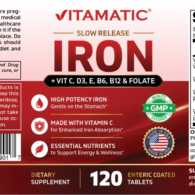 Vitamatic Slow Release Iron 65 mg (Ferrous Sulfate 325 mg) with Vitamin C, D3, E, B6, B12 & Folate, 120 Enteric Coated Tablets