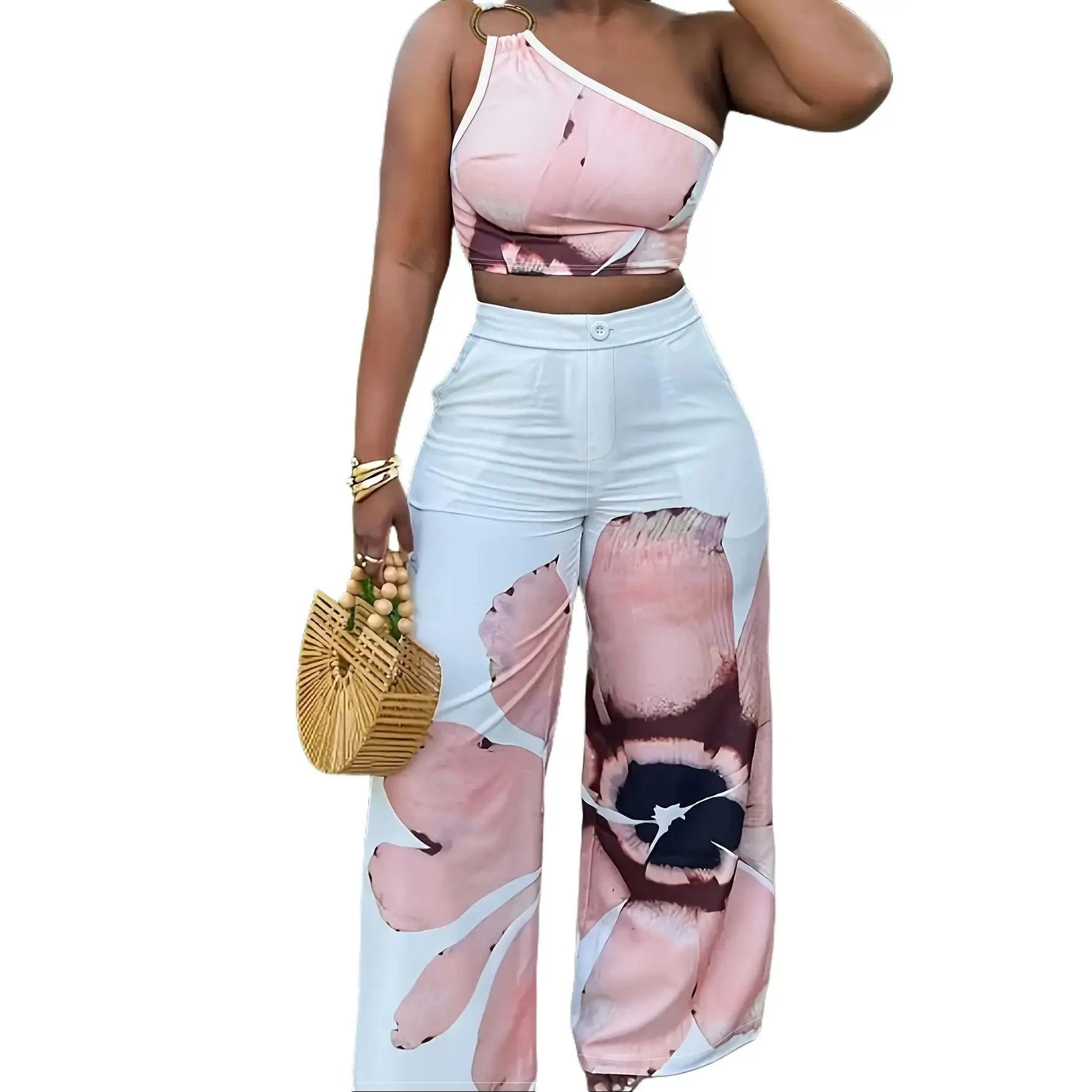 Casual Vacation Two-Piece Set: Sleeveless One-Shoulder Top with Casual Floral Print and Wide-Leg Pants, Pink,Heart,summer,Hoodie