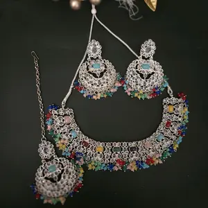 Beautiful Chocker Set with Earrings and Tika for Women - Green and Silver Color Jewelry Set