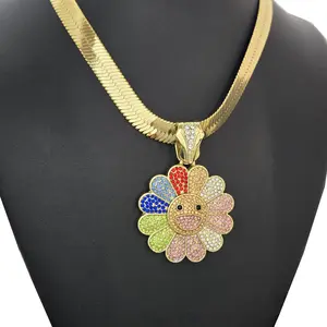 COLORFUL SUNFLOWER CARTOON HIP HOP ICED CZ RAPPER'S CHARM PENDANT & 11mm 20" 24" 14K STAMPED HERRINGBONE BRASS CHAIN NECKLACE