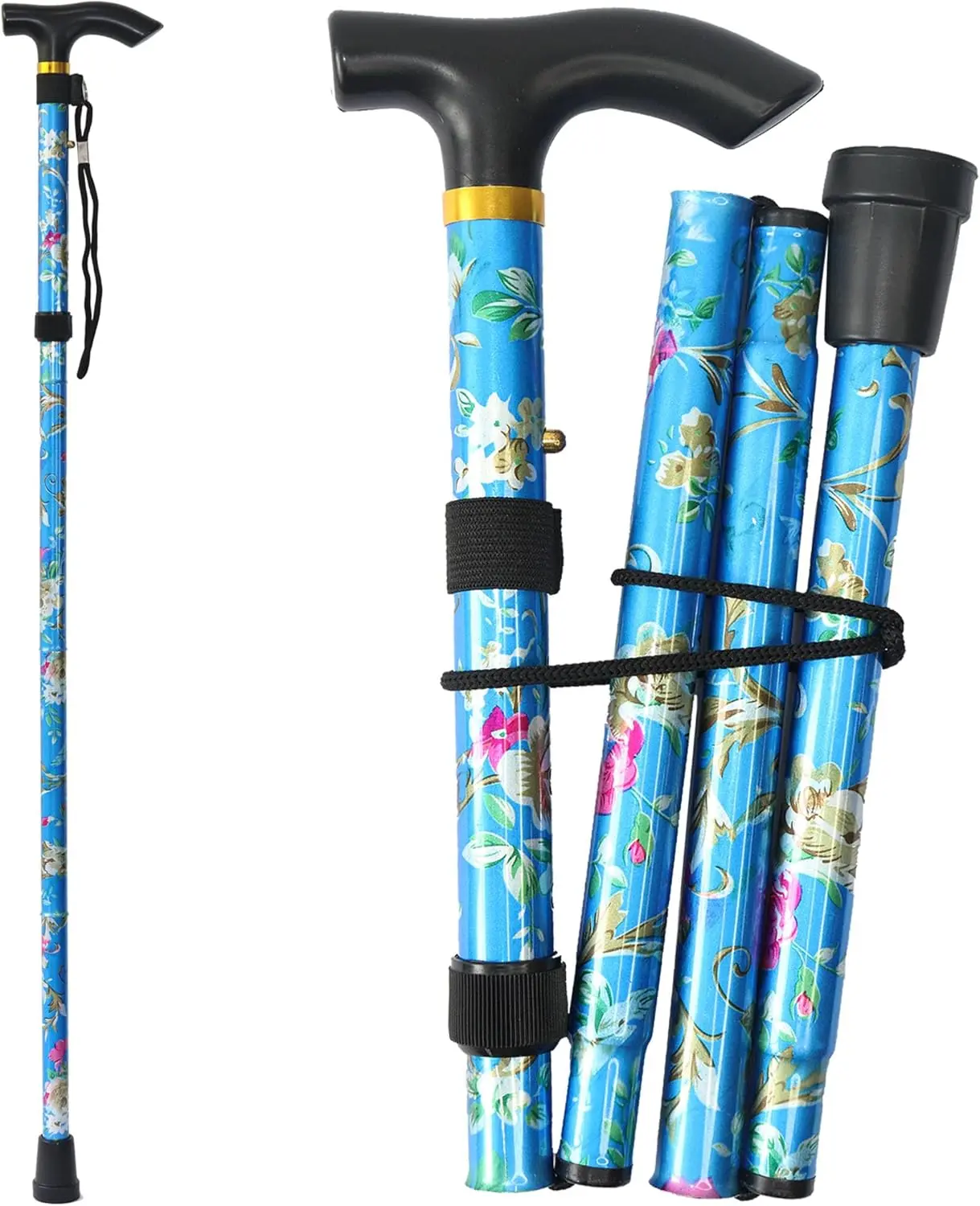 HALLOWEEN GIFT Floral Blue Folding Walking Cane for Men & Women – Lightweight Aluminum Collapsible Walking Stick with 5-Level Adjustable Height, T-Handle & Wrist Strap, Mobility Aid for Seniors & Adults