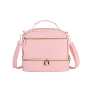 1pc Towel Embroidered Letter Outdoor Large Capacity Cross Shoulder Picnic Bag Camping Picnic Travel Insulated Handheld Convenient Bag, Adjustable Shoulder Strap, Reusable Outdoor Picnic Bag, Campus Cute Lunch Box Handbag