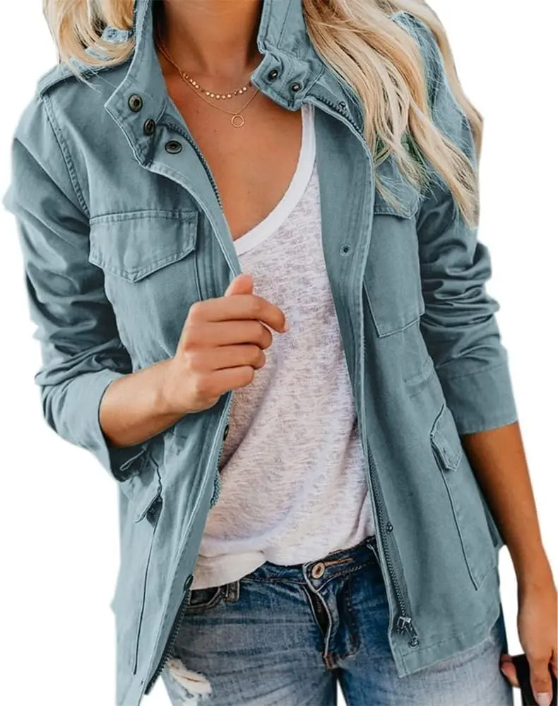 ARTFREE Womens Military Anorak Jacket Zip Up Snap Button Parka Safari Utility Coat Outwear with Pockets