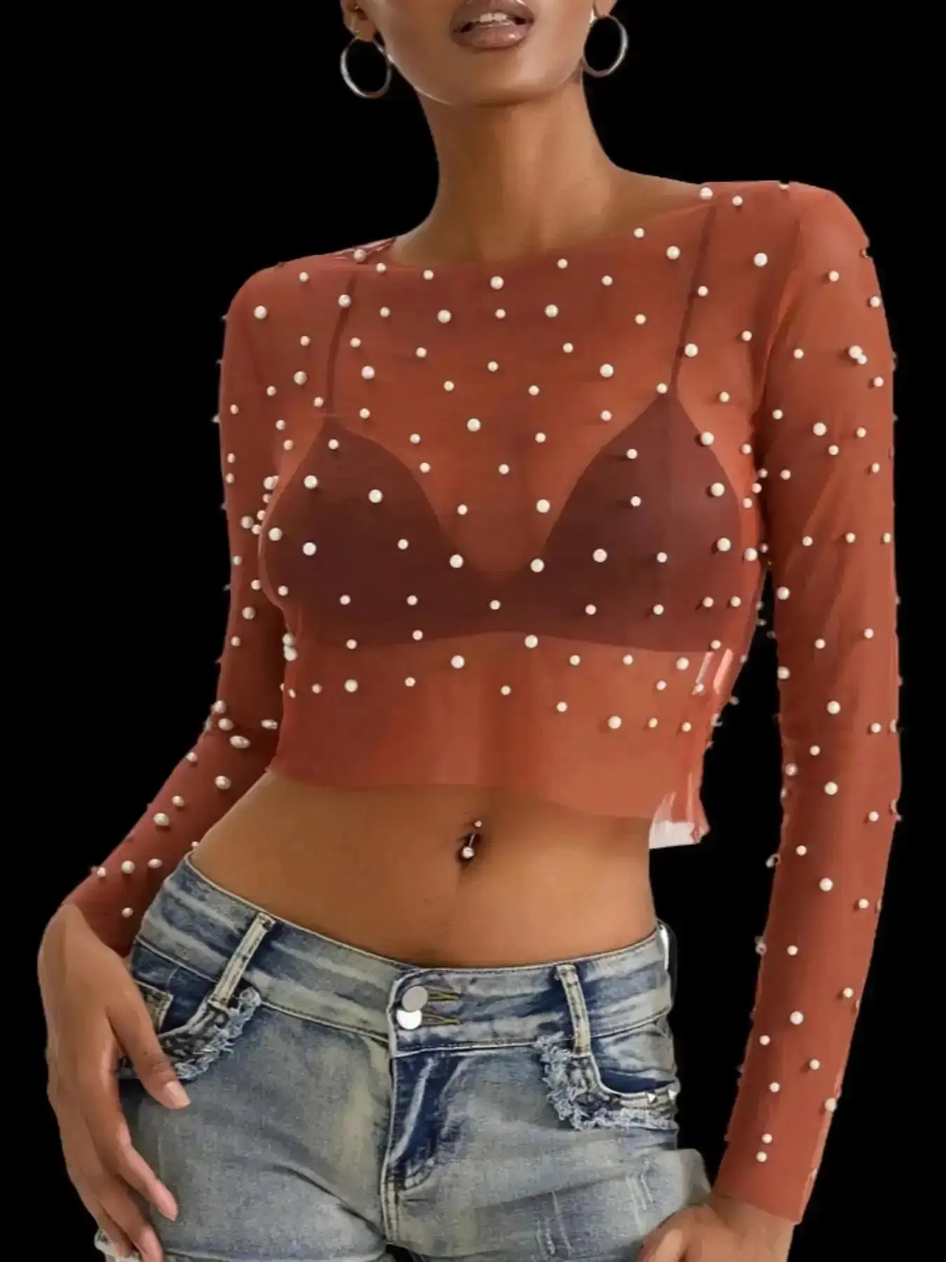 Women's Pearl Top Long Sleeve Mesh Sheer Overlay Rhinestone Beaded Shirts See Through Blouse Fitted Boat Chic Aesthetic Style piece, Breathable, Soft, Elegant, Smooth, Relaxed, Fashion