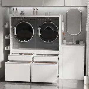 Laundry Pedestal with Sink Cabinet for 2 Washer and Dryer 1300LBS Heavy Duty Universal Fit Anti-Vibration Washing Machine Stand Base Raiser with Drawers Hooks Hanger Panel Storage Cabinets White