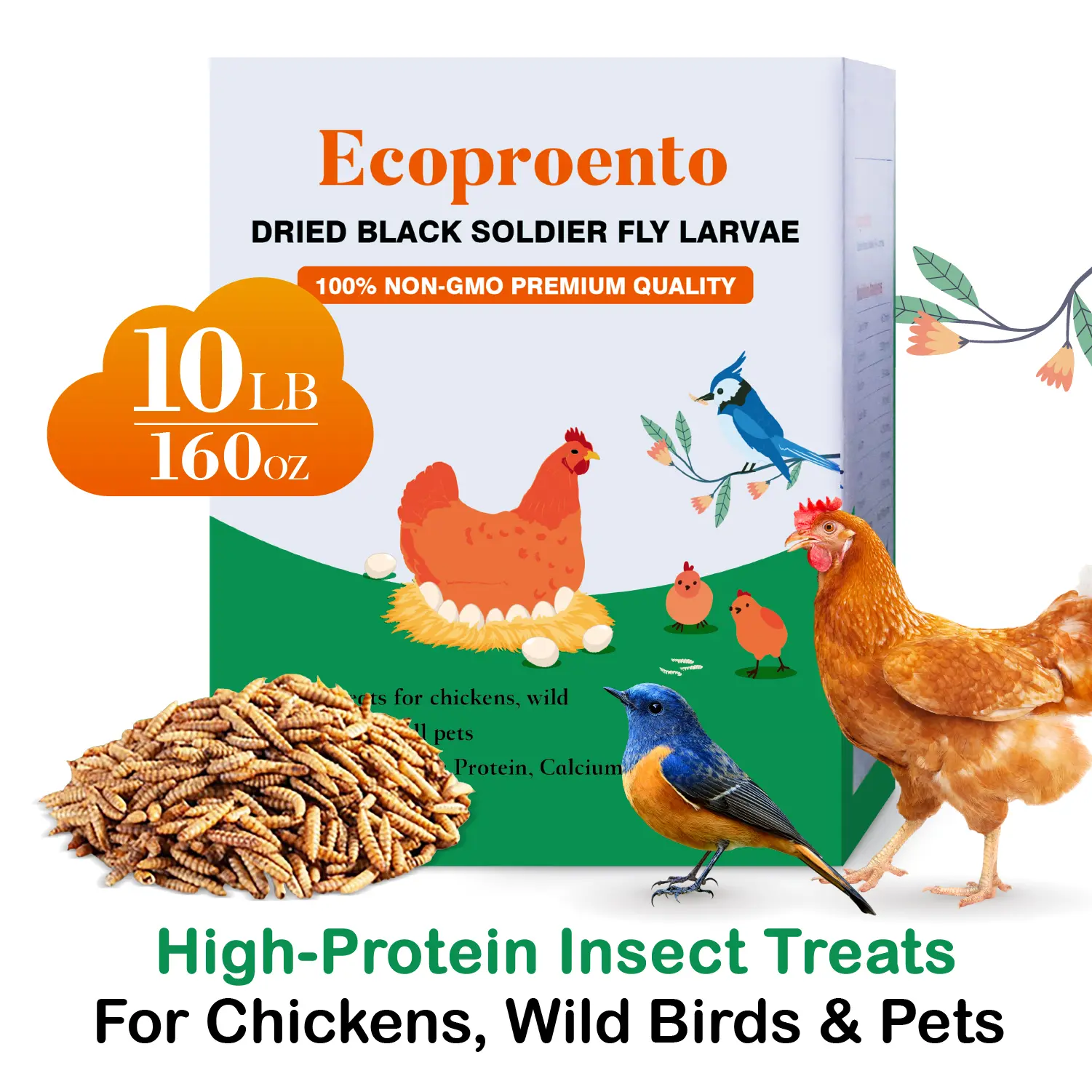 Ecoproento Dried Black Soldier Fly Larvae - High Calcium Chicken Feed - 85X More Calcium, High Protein Non-GMO Mealworms for Wild Birds, Ducks, Turkeys, Quails, Turtles, Chickens Treats