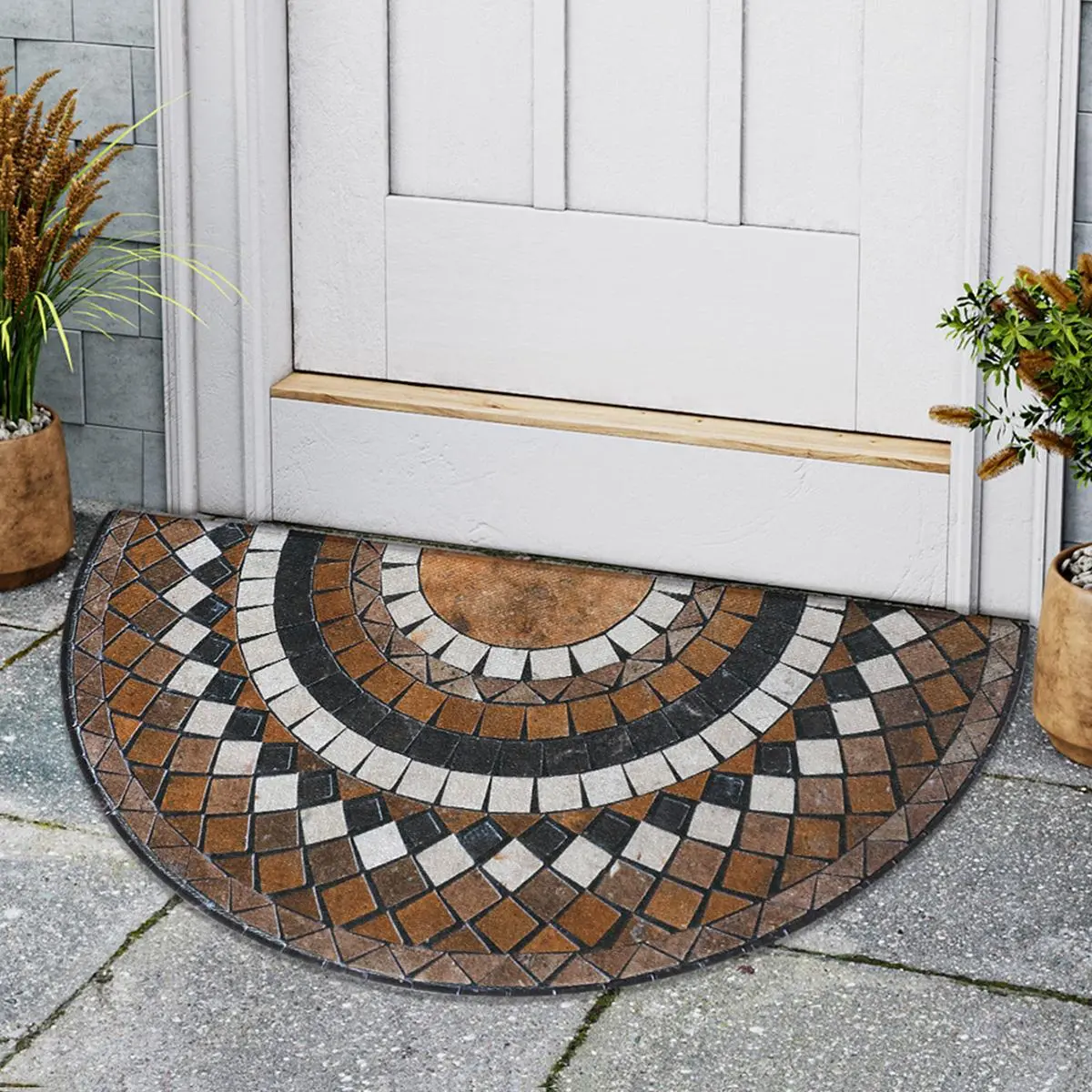 Vintage Geometric Pattern Semi Circular Door Mat, Non-slip Door Entrance Floor Mat, Decorative Rugs for Home Living Room, Bedroom, Patio, Garage, Textured Geometric Rug
