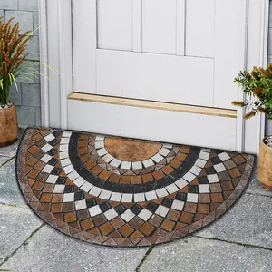Vintage Geometric Pattern Semi Circular Door Mat, Non-slip Door Entrance Floor Mat, Decorative Rugs for Home Living Room, Bedroom, Patio, Garage, Textured Geometric Rug