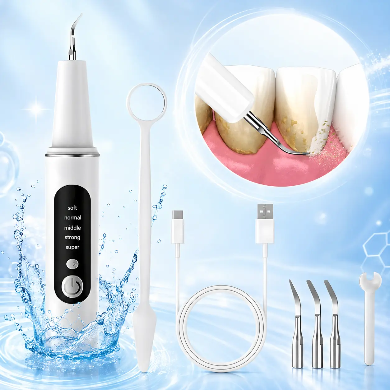Plaque/Tartar Remover for Teeth, Electric Tooth Cleaner Tartar Remover for Teeth with LED Light,5 Modes Rechargeable Teeth Cleaning Kit with Dental Tools, 3 Replaceable Heads Oral Care Gums Safe Use