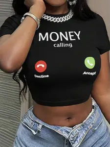 Lady Luxe Fashions Women's Money Calling Graphic Print Crop T-Shirt