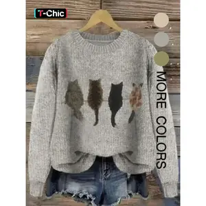 Women’s Cat Pattern Knit Sweater, Soft Comfortable Crewneck Pullover, New Design Casual Fashion Laid-Back Style Top, Knitwear