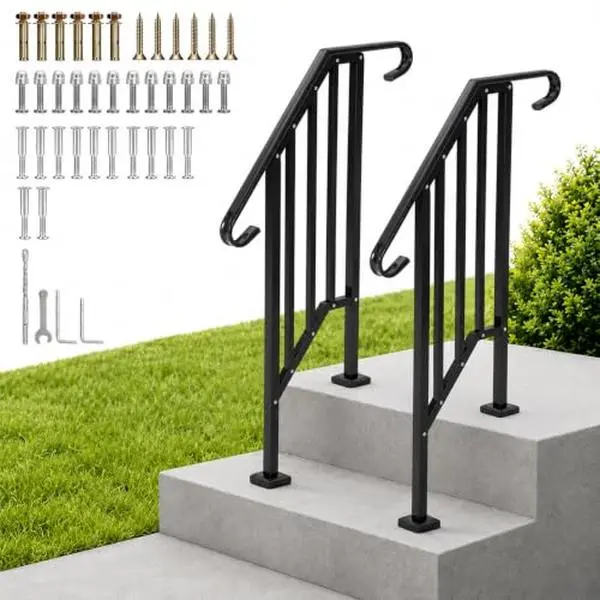 2-Pack Steel Handrails Black for Outdoor Porch Deck Steps(2 Step), 13.5" curved ends with safety balusters. Sturdy exterior railing kit fits 2-step stairs. Ideal for porch, deck, or indoor use