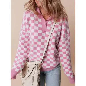 Women’s Autumn/Winter New Plaid Knit Sweater with Polo Collar, Loose Fit, Long Sleeves — Elegant, Comfortable Oversized Pullover