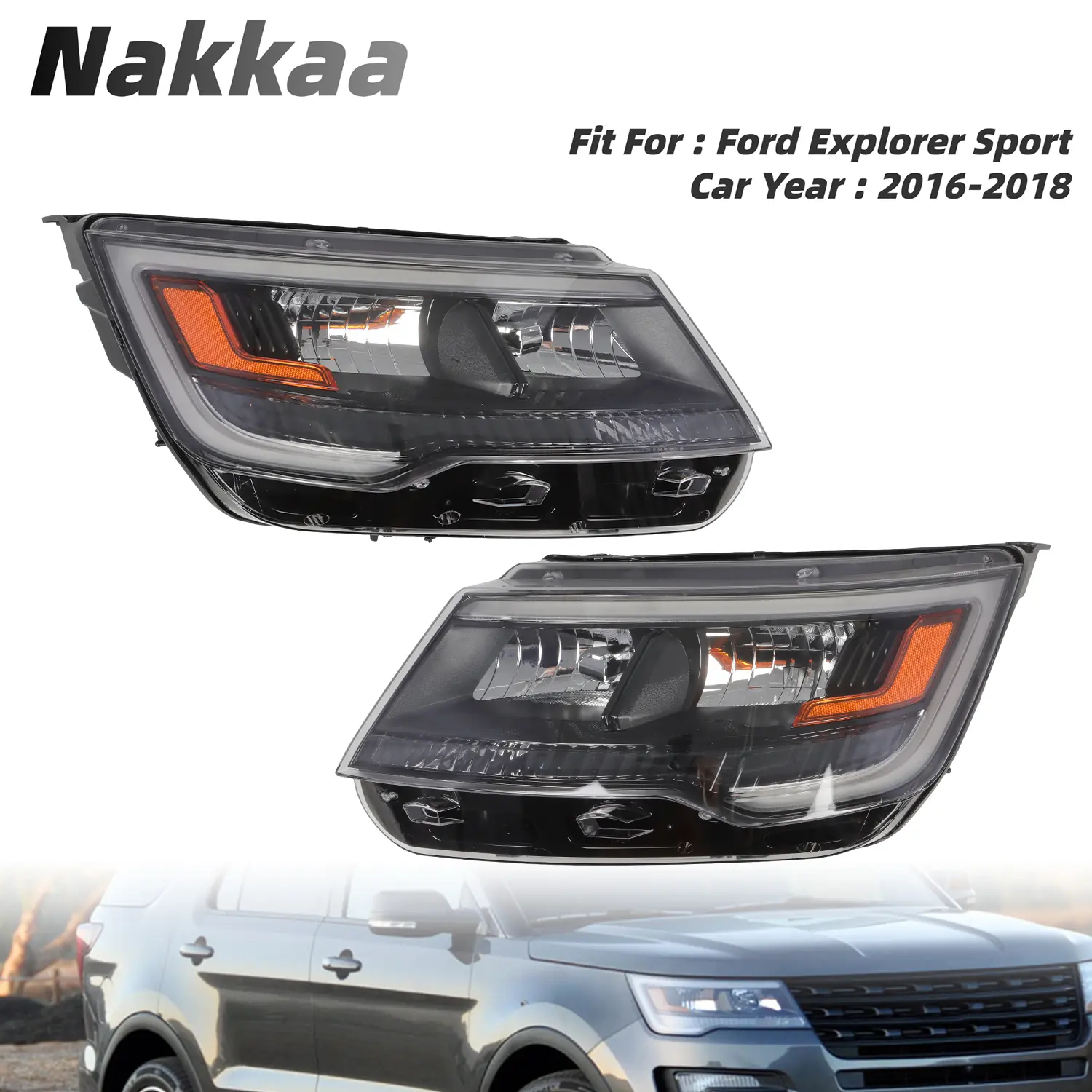 Nakkaa Chrome Halogen Front Headlight Assembly Pair Set with High Beams & SMD LED DRL for 2016-2018 Ford Explorer Sport Level 7, Left/Right, OE Part FO2518131 FO2519130