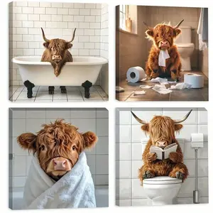 4pcs/set Modern Scottish Highland Cow Canvas Prints Cute Cow Pattern Cute Country Animal Wall Art Posters for Bathroom Living Room Farmhouse Decor Cuadros, Unframed
