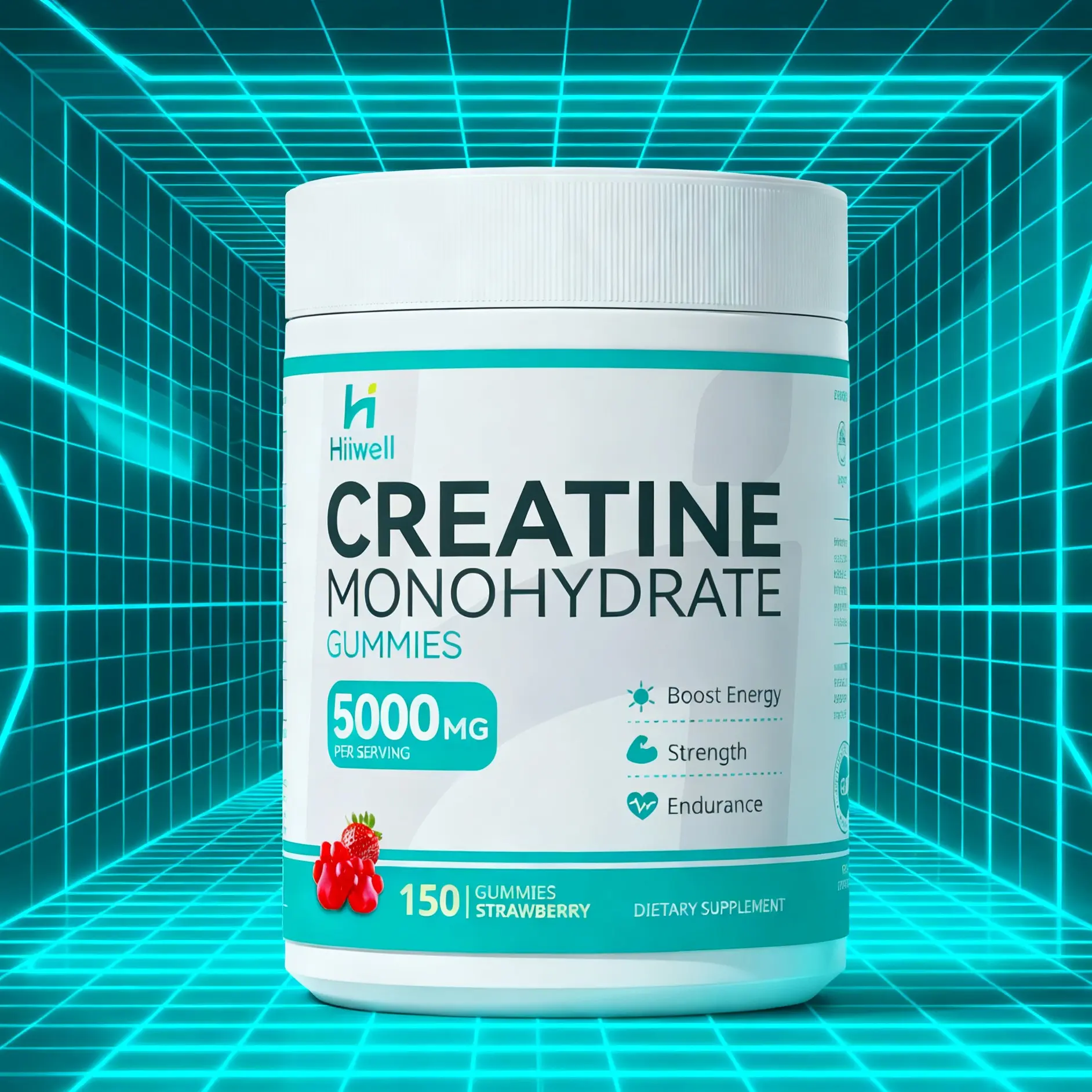 Hiiwell Vegan Strawberry Chewable Creatine Monohydrate Gummies - 5000mg per Serving Dietary Supplement with Vitamin B12, Contains Vitamins, Easy-to-Eat, Energy Booster, Strength Support for Fitness Enthusiasts (Healthier Choice)