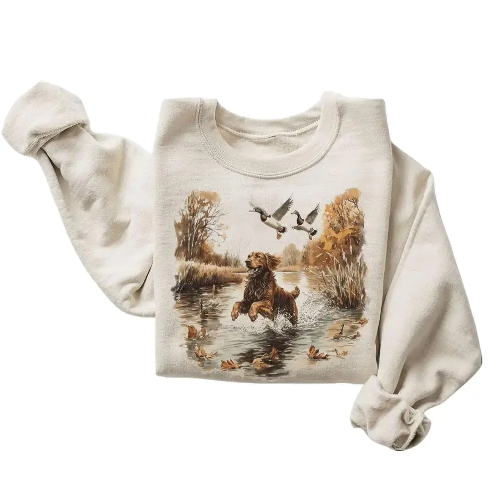 Women's Cotton Long Sleeve Hoodie - Golden Retriever Mallard Ducks Print, 90s Retro Hunting Casual Tops, Unisex Design
