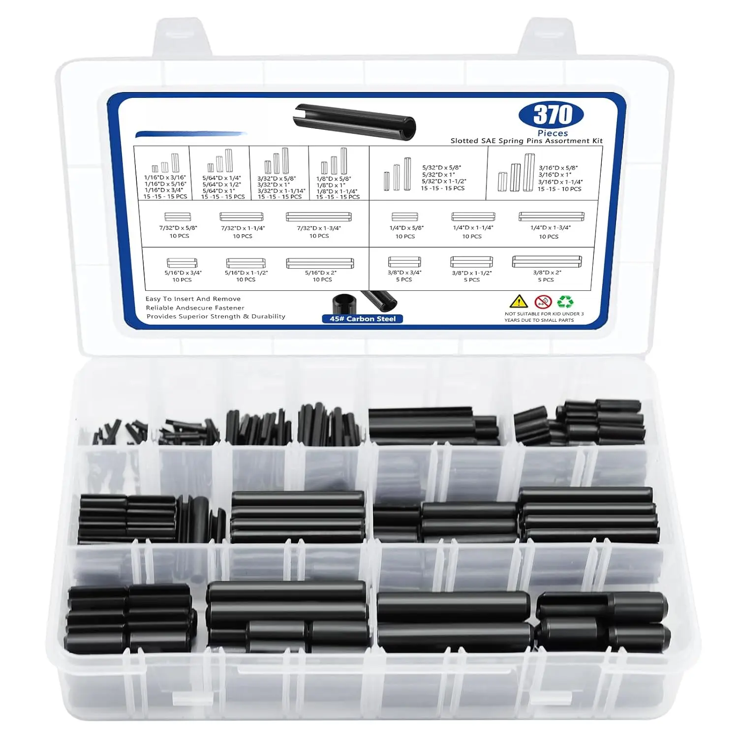 370 count Roll pin Assortment, SAE Roll Pin Set, Slotted Spring Pins, Steel Split Expansion Pin, Black Roll Pins, 1/16 5/64 3/32 1/8 5/32 3/16 7/32 1/4 5/16 3/8 Inch Spring Dowel