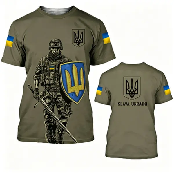 Men's army green T-shirt, casual Ukrainian soldier print pattern crew neck loose short-sleeve T-shirt, men's summer casual sports T-shirt