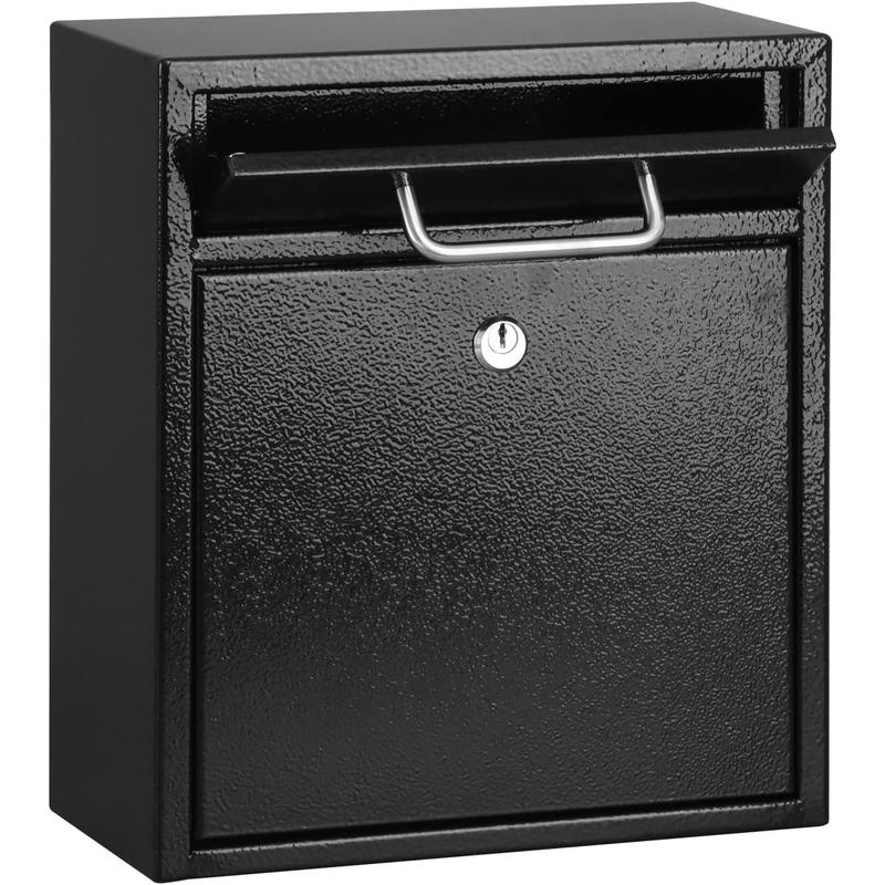 Steel Mailbox Wall Mount, Medium Locking Mailbox with Key Lock, Lock Mail Boxes for Outside,  Key Drop Box, Collection Boxes, 13.4H x 11.6L x 5.6W Inches, Black, Large
