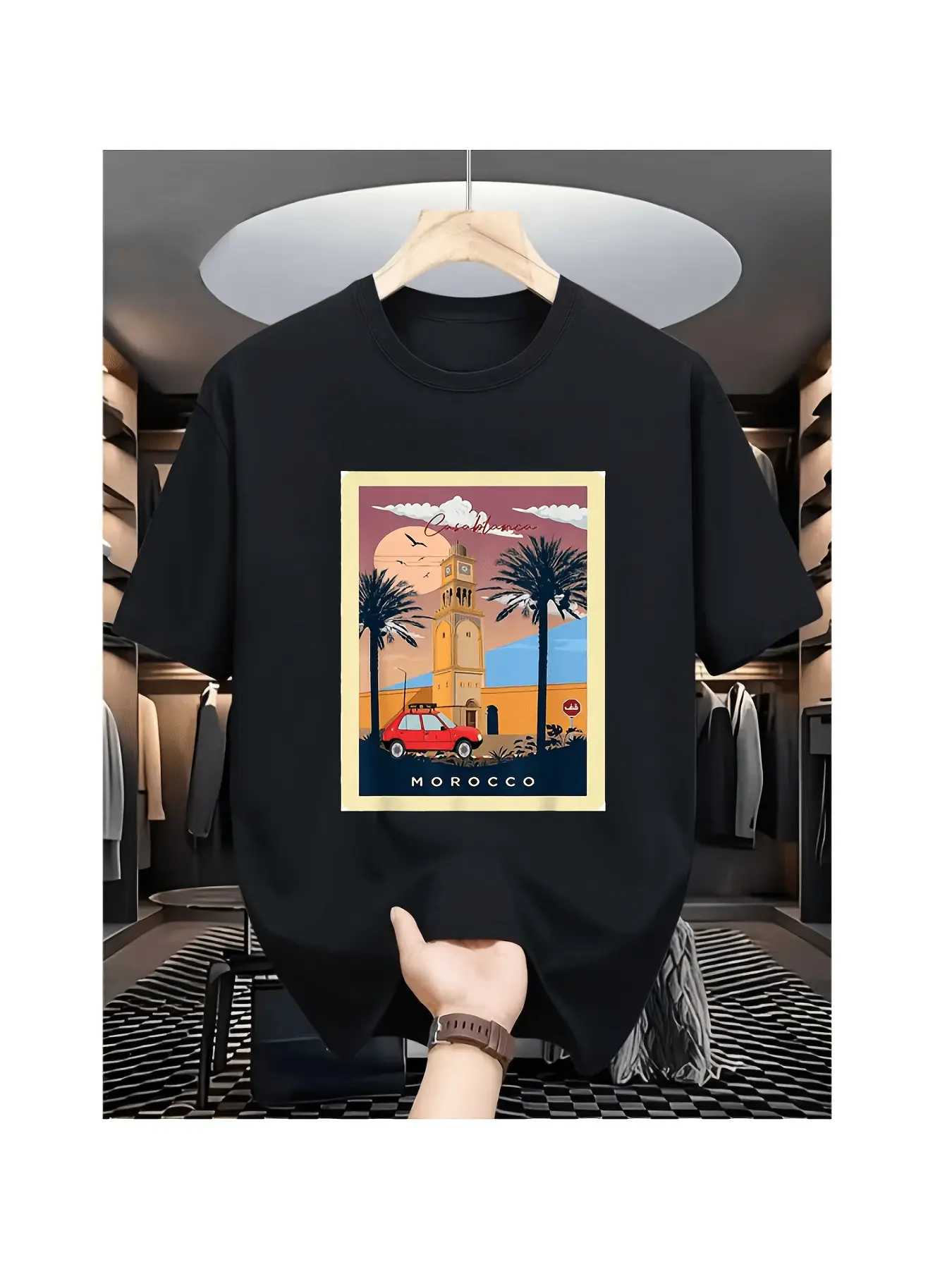 Men's Moroccan-Themed Arabic Architecture Shirt - Hassan Tower & Palm Tree Print Short Sleeve Round Neck Suitable for Travel, Casual Wear, Everyday Outfits, Moroccan Cultural Apparel for Vacation & Year-Round Style, PLUS SIZE