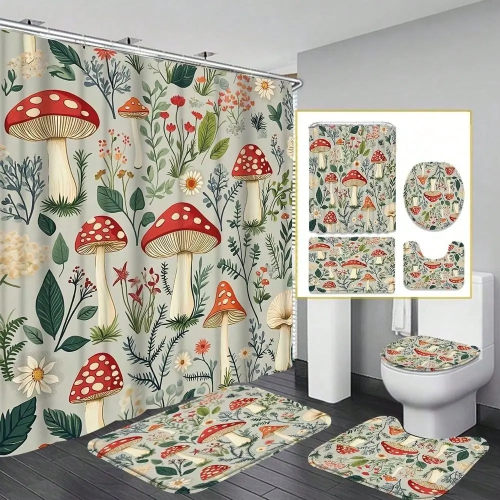 4pcs Botanical Mushroom Pattern Decorative Shower Curtain Set, Polyester Washable Shower Curtain, Contains 12 Hooks, Toilet Seat And Non-Slip Carpet Toilet Cover, Perfect Bathroom Accessories