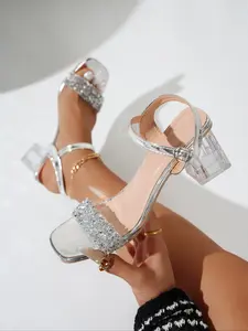 Galaxy Sparkle High Heel Sandals, Luxurious Future-Style Fairy Wind, Full Rhinestone Strap + Transparent Crystal Chunky Heel