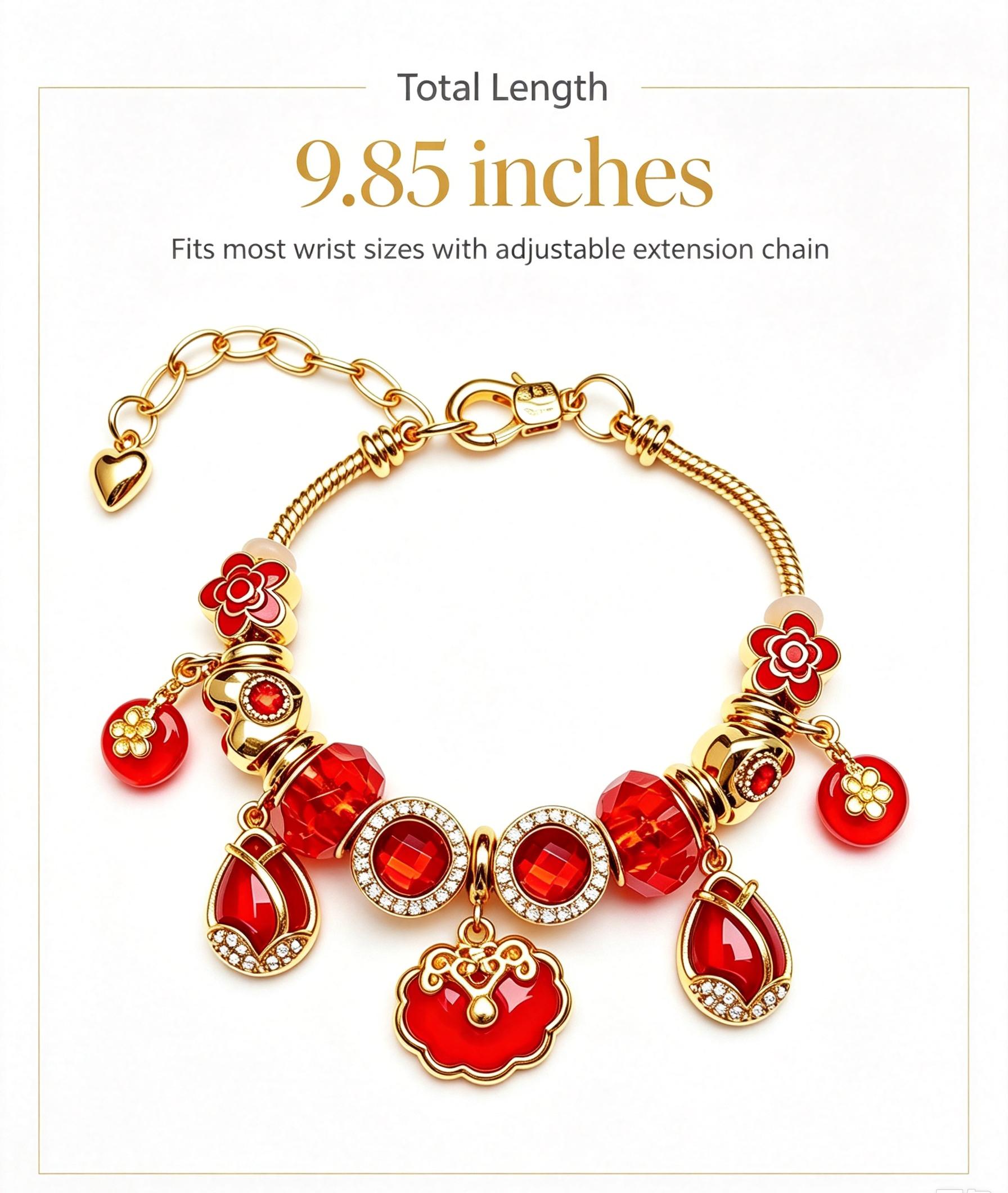 Gold Plated Red Ruyi Lock Charm Bracelet for Women, Adjustable Snake Chain Beaded Bracelet with Red Crystal & Floral Pendant, Fashion Lucky Jewelry Gift Gold Plated Red Ruyi Lock Charm Bracelet for Women, Adjustable Snake Chain Beaded Bracelet with Red Crystal & Floral Pendant, Fashion Lucky Jewelry Gift