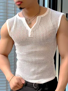 INCERUN Mens V Neck Plain Sleeveless Fitted Tank Tops Casual Vest Hollow Out Sheer Tee Shirt Blouse Casual Streetwear Looks