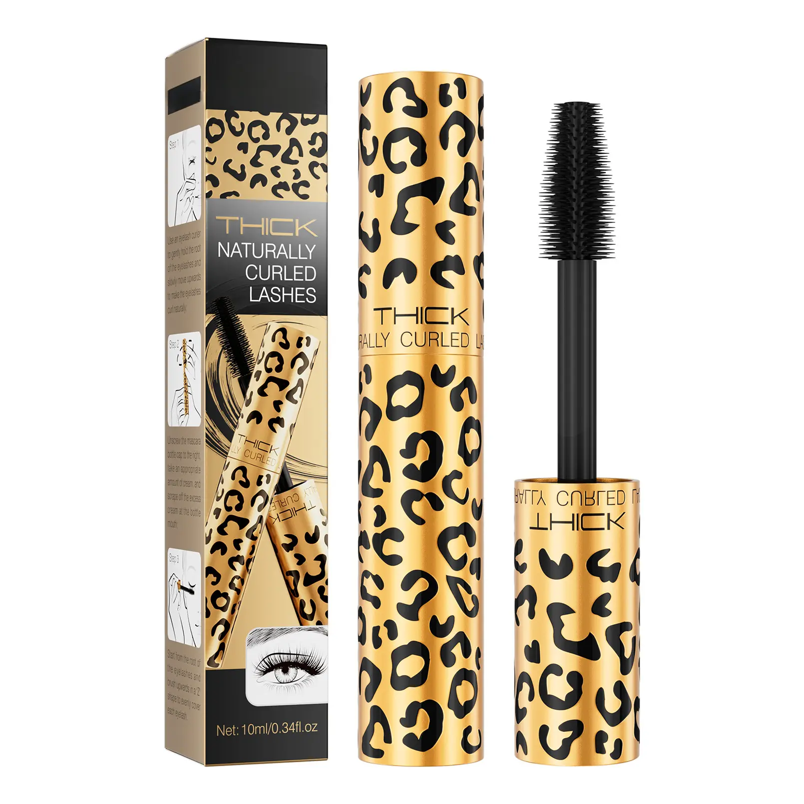 Thickening & Curling Mascara with 24HR Long-Lasting Lift, Water Resistant & Fragrance Free Formula, Free From Harmful Substances, Leopard Print Design, Beauty Products for Adults, 30g, Combination, Alcohol Free