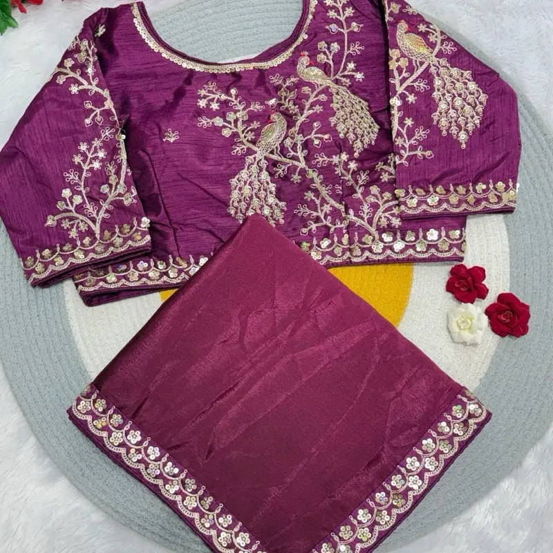 Women's Karvachauth Saree Wedding Party Wear Blouse Stitched Diwali Chinnon Silk in Vibrant Purple and Pink
