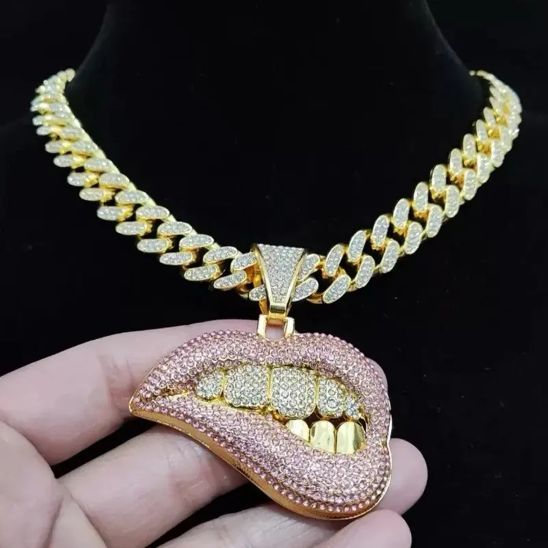 Cuban Ice 20" Pink Punk Lips Necklace with Gold-Tone Chain and Sparkling Pink Lips Pendant