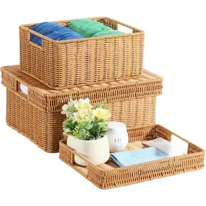 Wicker Basket with Lid - Woven Basket for Organizing,Rectangular Decorative Boxes Bins with Lids for Shelves,living room, Nursery, 2-Piece Set(Light Brown)